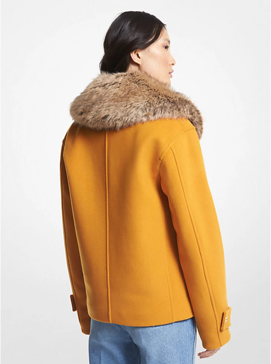 Michael Kors Women's Wool Blend Peacoat with Faux Fur Edge Trim - Classic Winter Coat