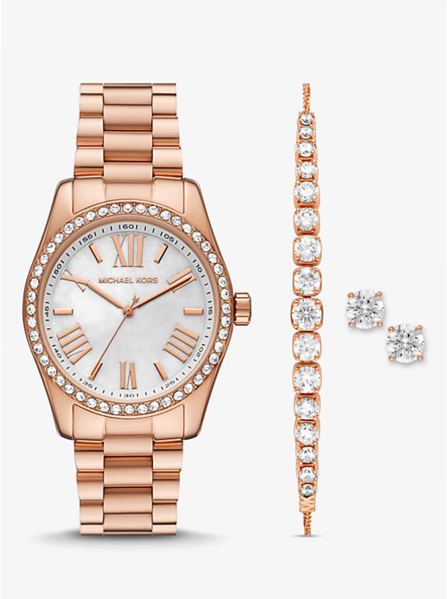 Michael Kors Women's Lexington Rose Gold Watch and Jewelry Gift Set with Paving Stone Accents