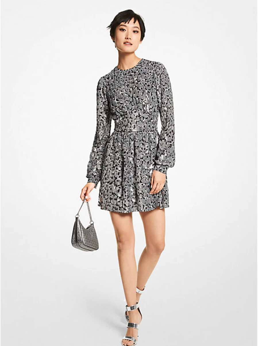Michael Kors Women's Embroidered Leopard Print Georgette Crepe Dress with Glitter Details