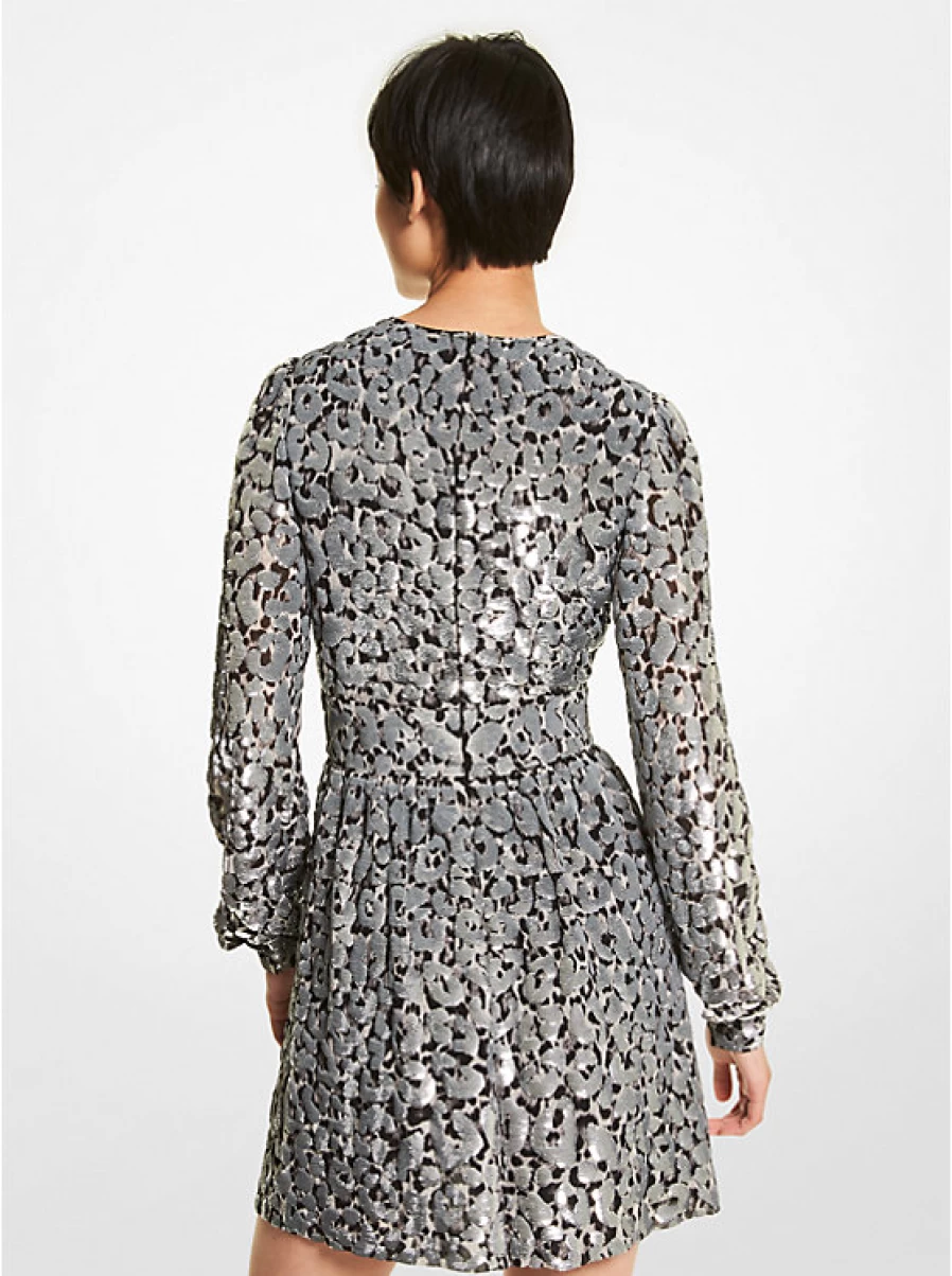 Michael Kors Women's Embroidered Leopard Print Georgette Crepe Dress with Glitter Details