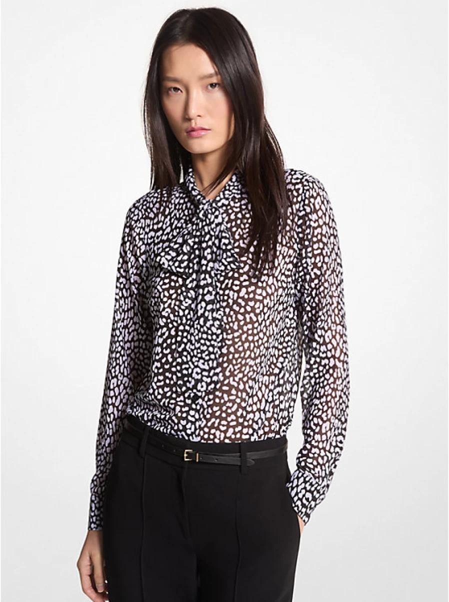 Michael Kors Women's Floral & Leopard Print Georgette Crepe Blouse with Tie Collar