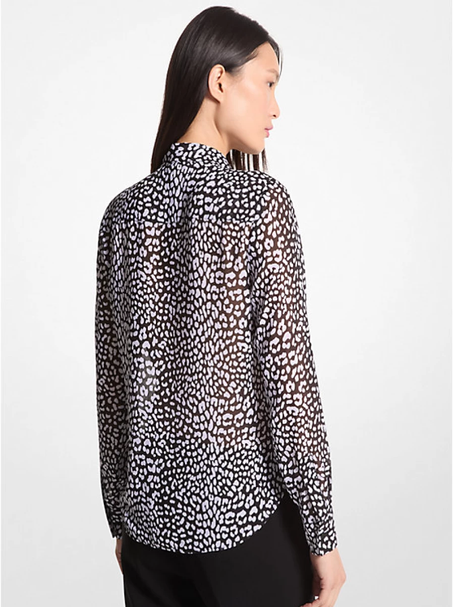 Michael Kors Women's Floral & Leopard Print Georgette Crepe Blouse with Tie Collar