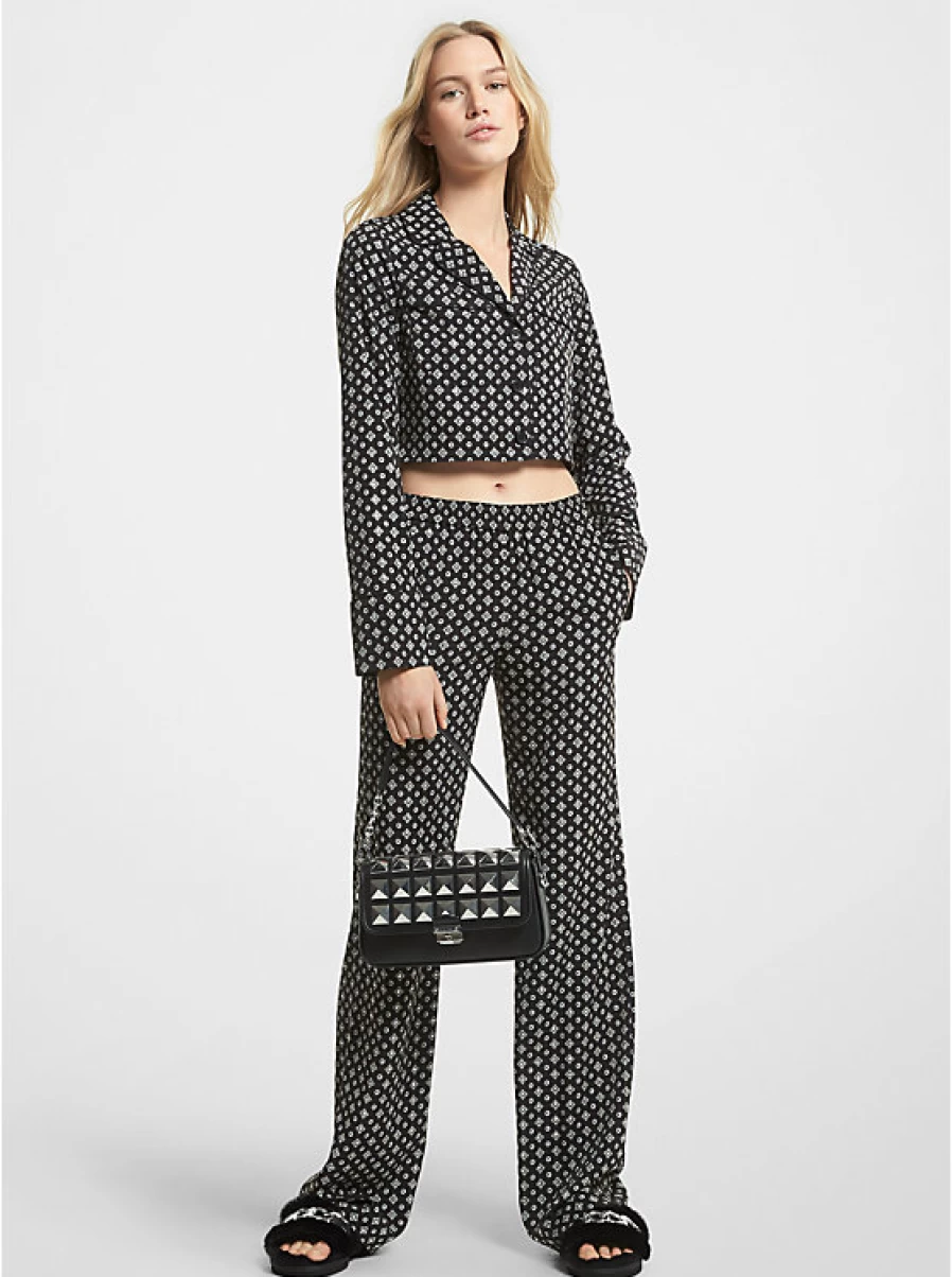 Michael Kors Women's Short Pajama Shirt - Crinkled Crepe with Printed Medallions and Nail Design