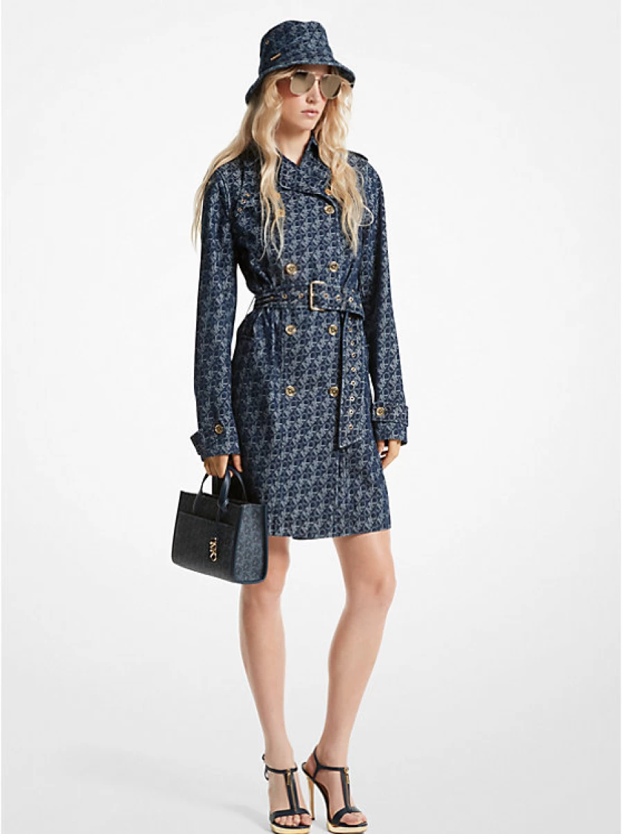 Michael Kors Women's Jacquard Denim Trench Coat with Empire Signature Logo