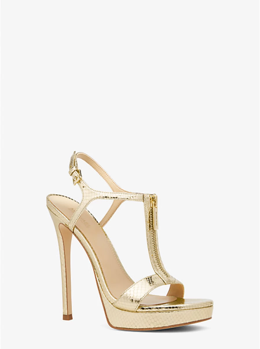 Michael Kors Women's Berkley Stiletto Sandals - Embossed Leather Metallic Snake Pattern Heels