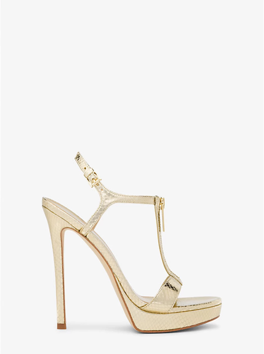 Michael Kors Women's Berkley Stiletto Sandals - Embossed Leather Metallic Snake Pattern Heels