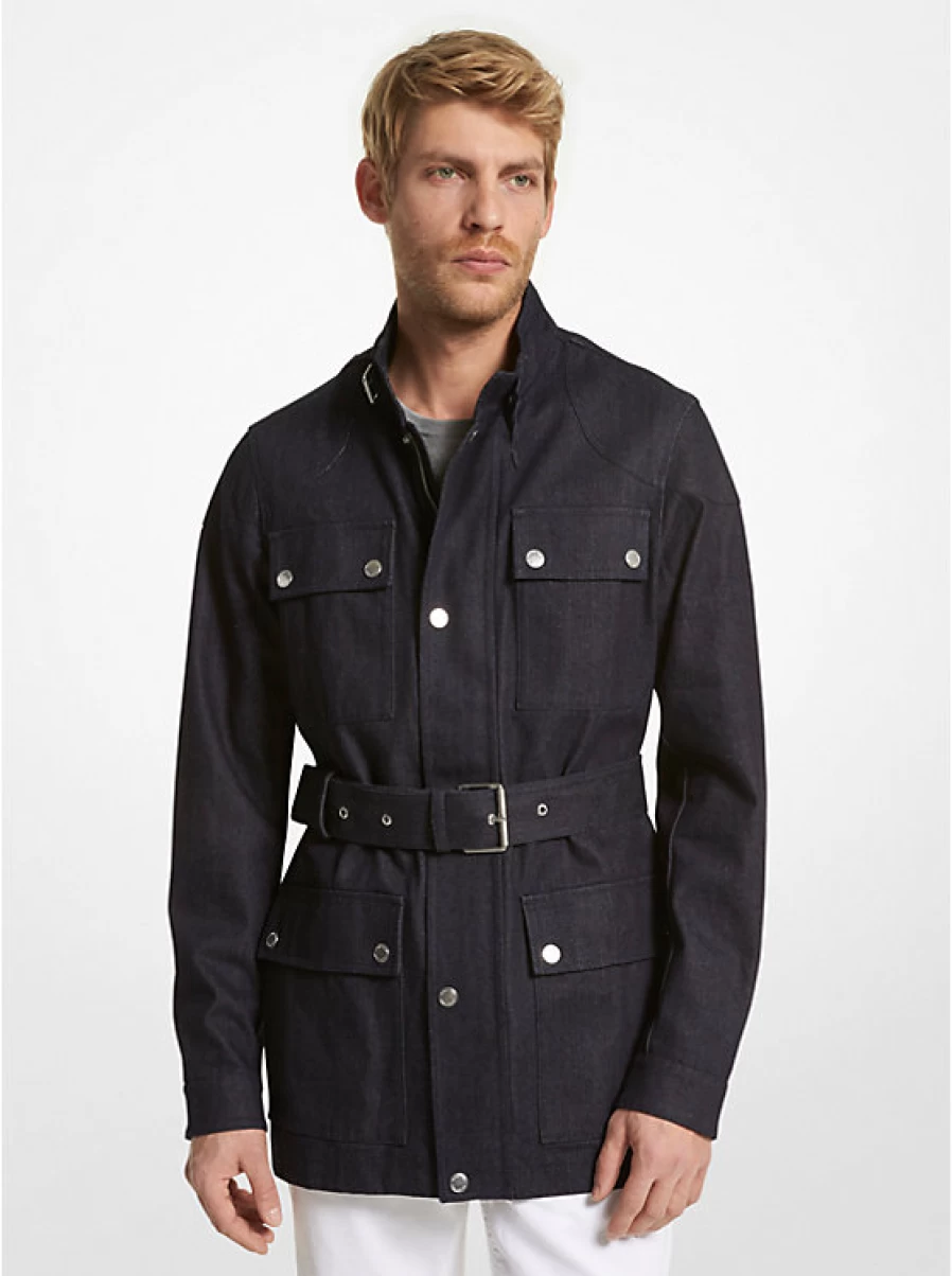 Michael Kors Men's Military Cotton Jacket with Belt - Classic Woven Fabric Outerwear