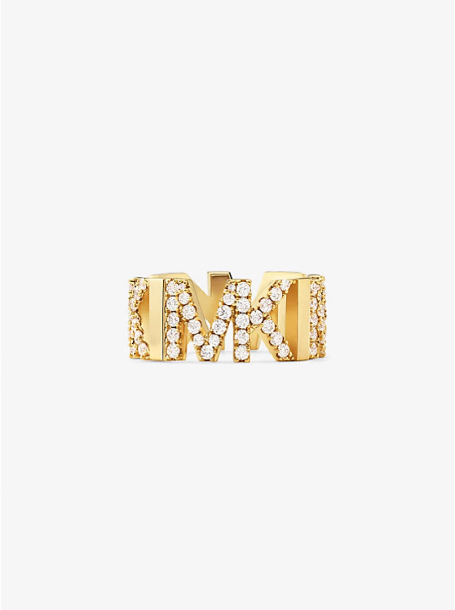 Michael Kors Women's Brass Ring with Precious Metal Plating, Pavé Stones, and Logo Detail