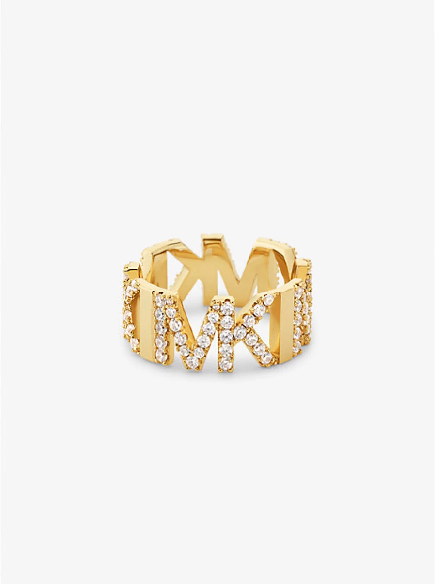 Michael Kors Women's Brass Ring with Precious Metal Plating, Pavé Stones, and Logo Detail