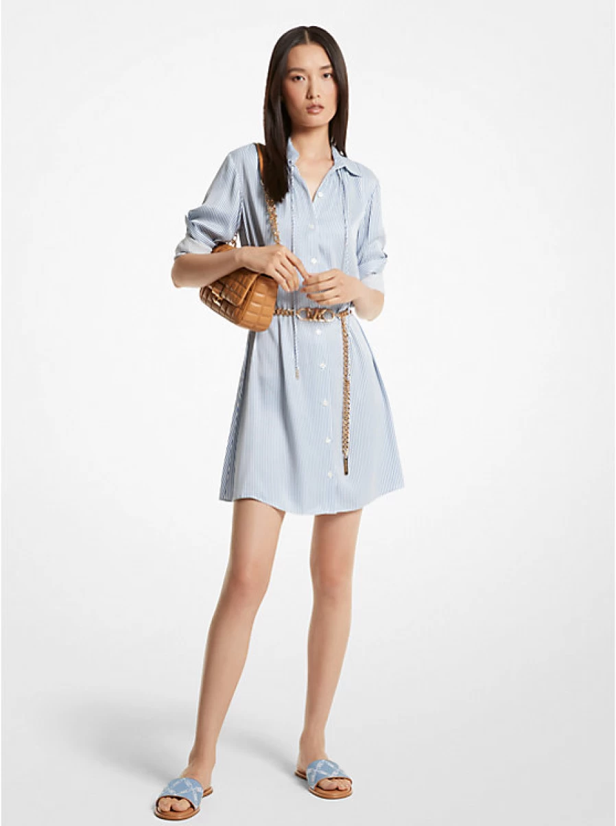 Michael Kors Women's Pinstriped Satin Shirtdress with Belt for Elegant Office Wear