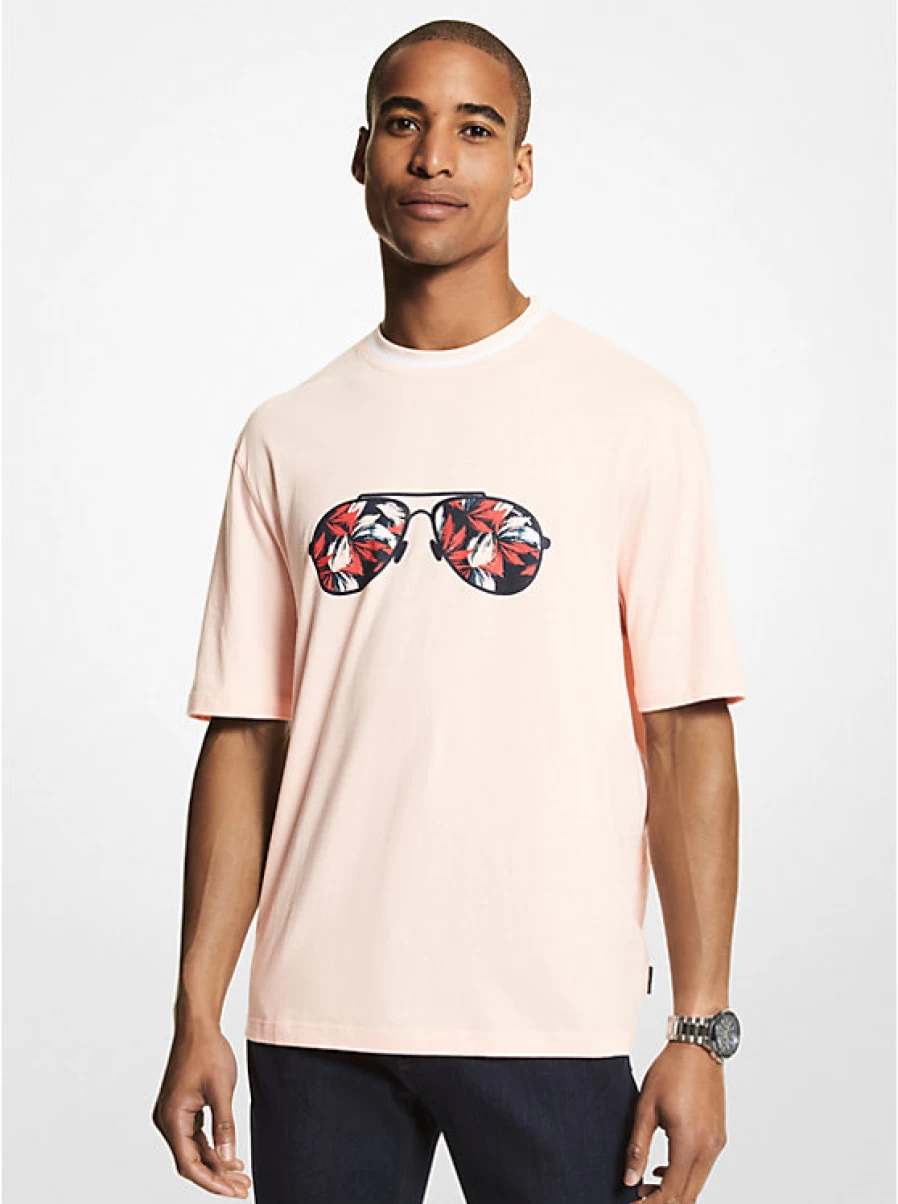 Michael Kors Men's Cotton T-Shirt with Printed Aviator Glasses & Floral Pattern