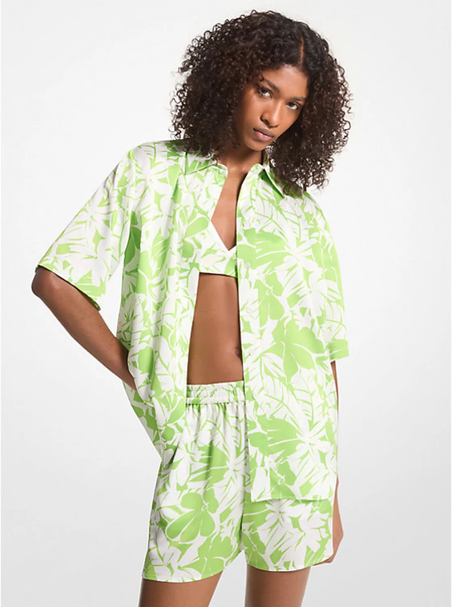 Michael Kors Women's Cabanon Satin Shirt with Exotic Palm Tree Print