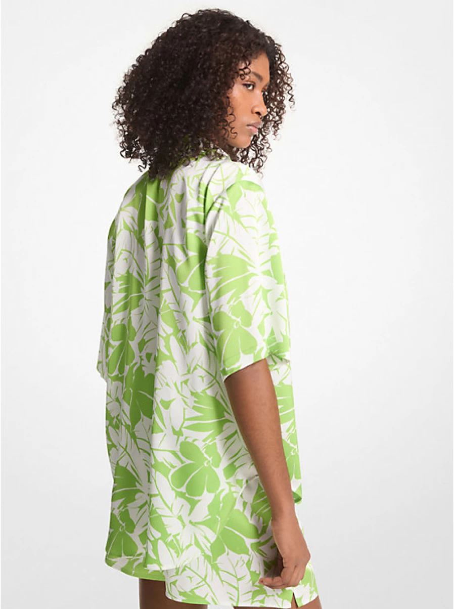 Michael Kors Women's Cabanon Satin Shirt with Exotic Palm Tree Print