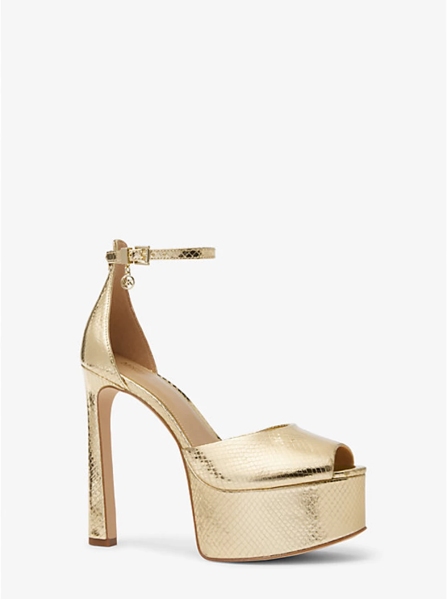 Michael Kors Women's Martina Pump - Embossed Leather Metallic Snake Pattern, Platform & Open Toe Heels