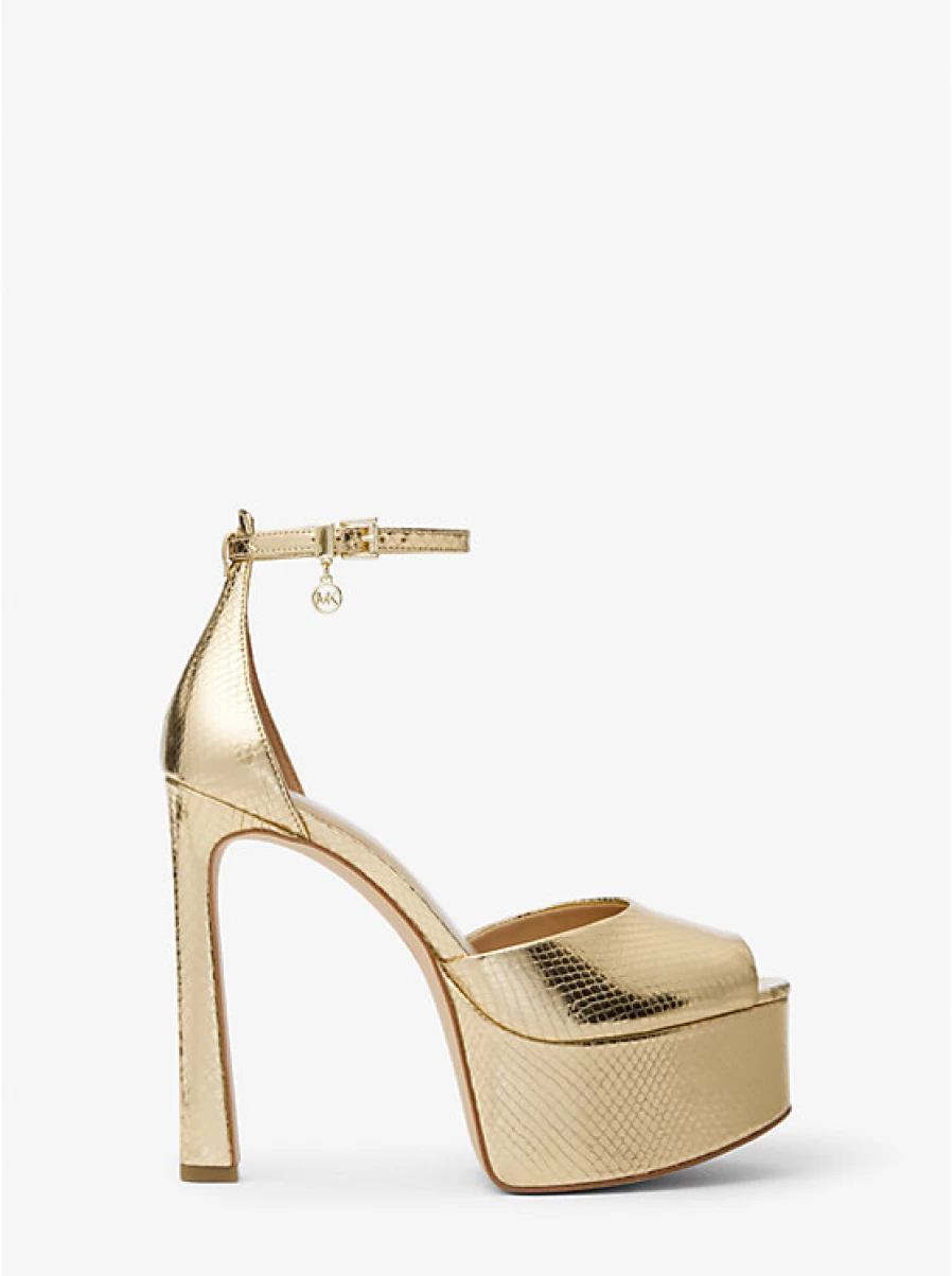 Michael Kors Women's Martina Pump - Embossed Leather Metallic Snake Pattern, Platform & Open Toe Heels