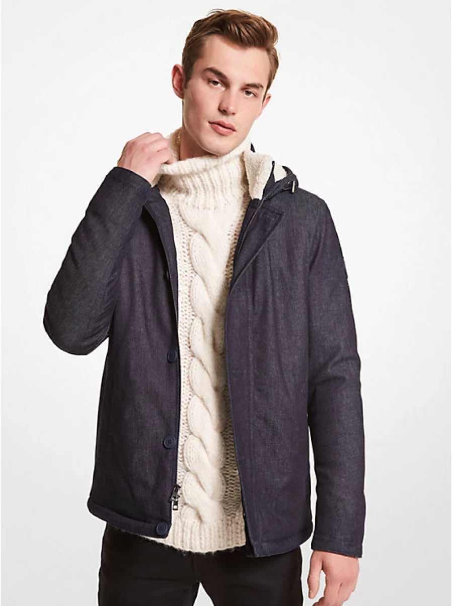 Michael Kors Men's Denim Parka Jacket with Sherpa Lining and Trim