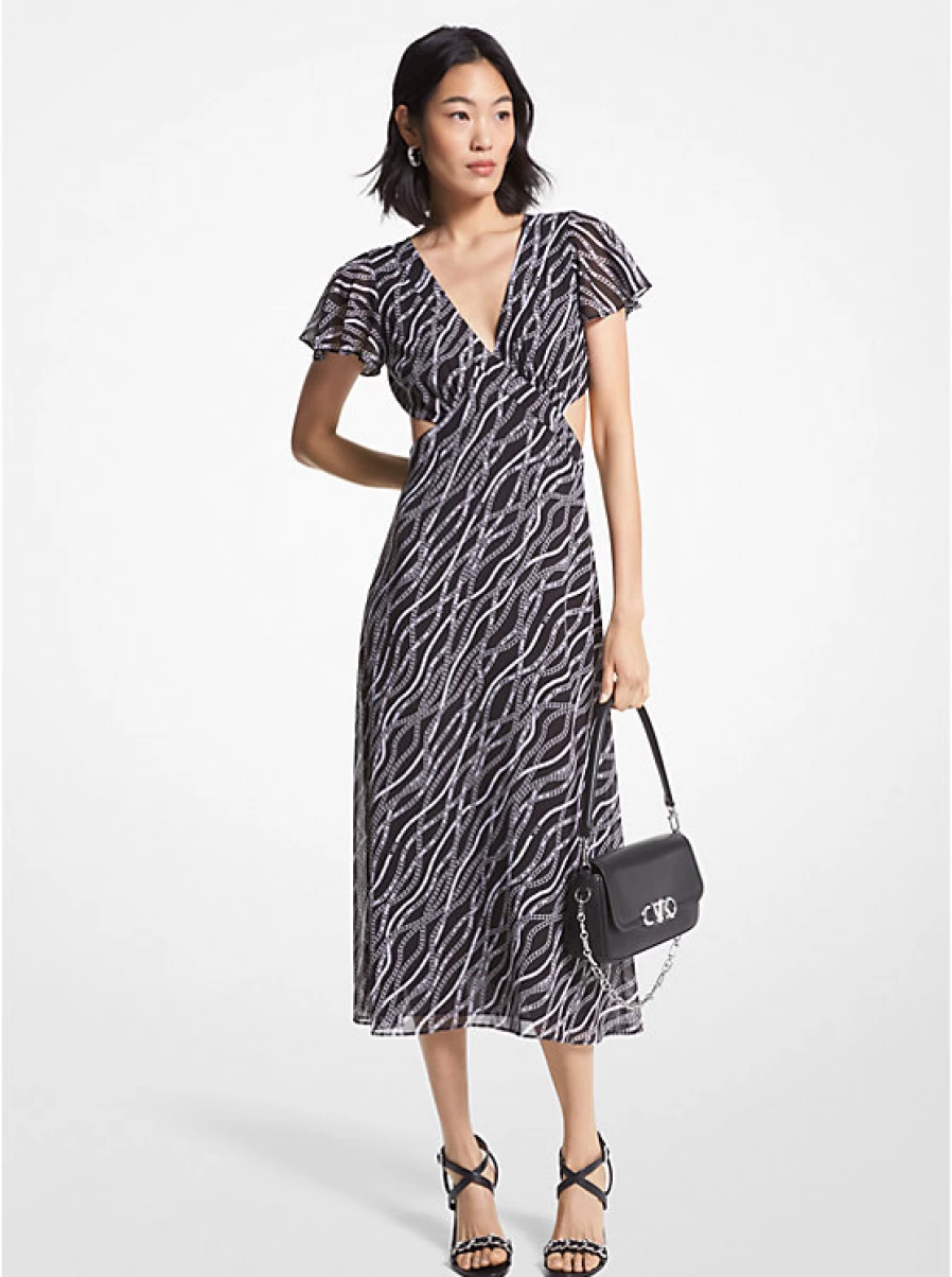Michael Kors Women's Embroidered Georgette Crepe Dress with Chain Print and Cutout Details