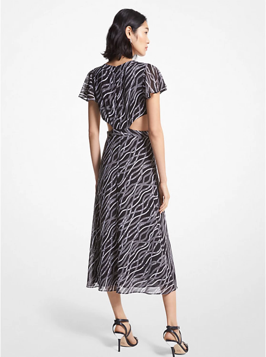 Michael Kors Women's Embroidered Georgette Crepe Dress with Chain Print and Cutout Details