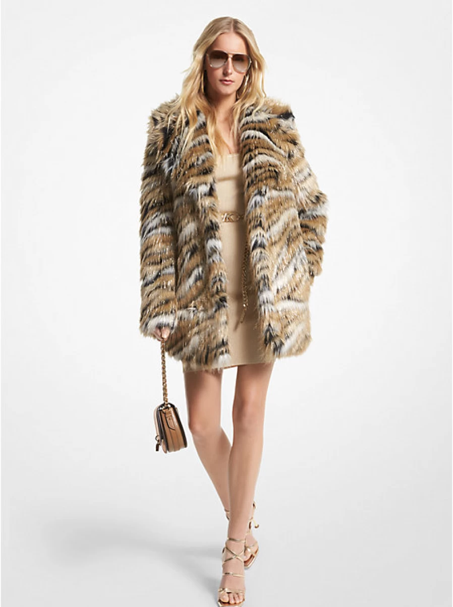 Michael Kors Women's Faux Fur Coat with Metallic Tiger Print - Luxe Animal Print Jacket