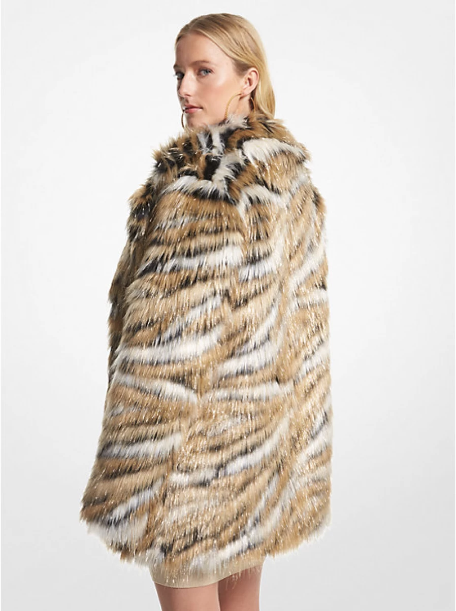 Michael Kors Women's Faux Fur Coat with Metallic Tiger Print - Luxe Animal Print Jacket