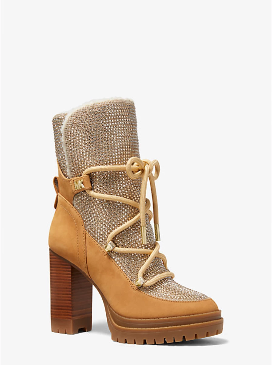 Michael Kors Women's Boots Culver in Nubuck Leather & Mesh with Laces and Glittering Chain Details