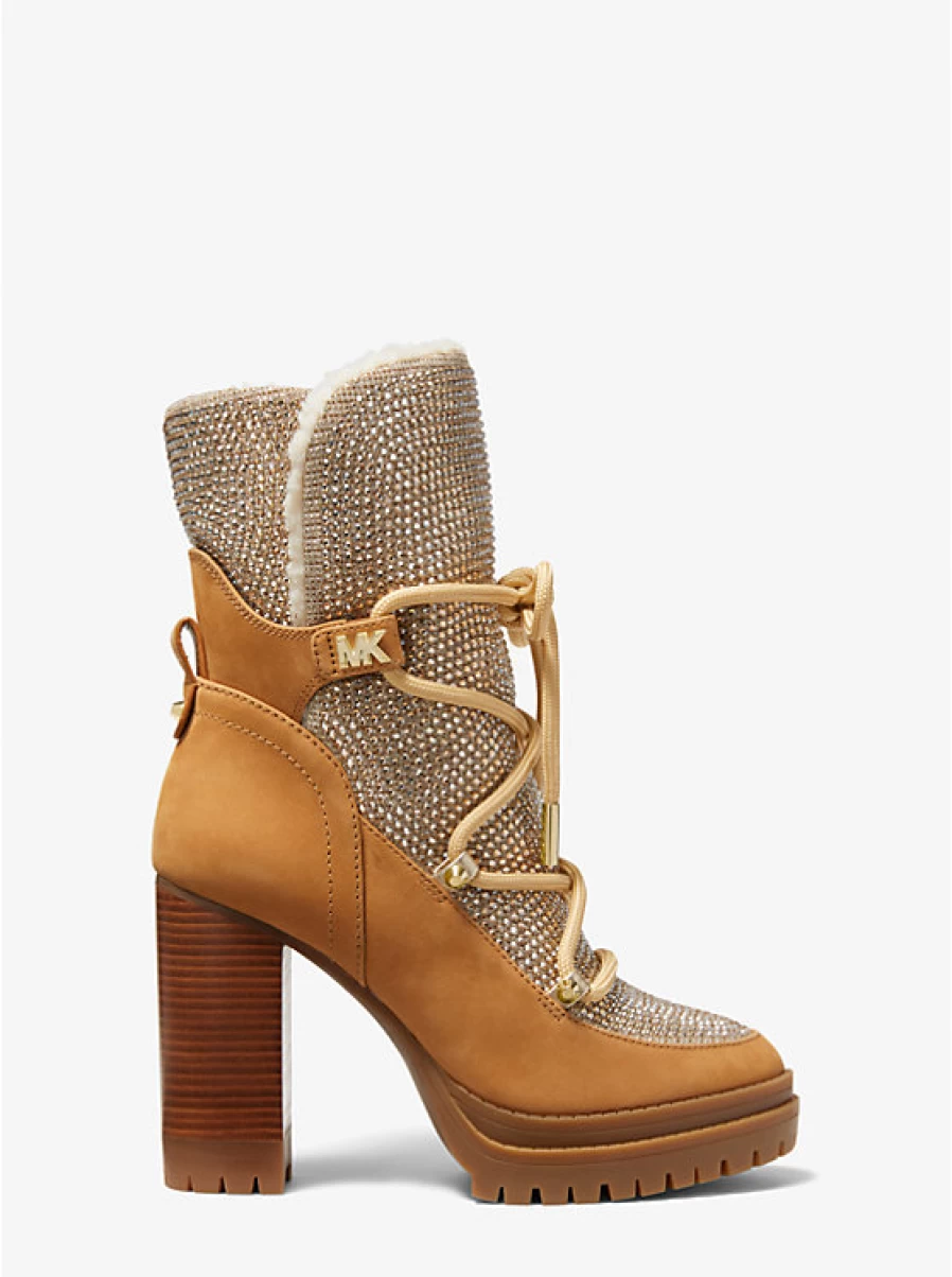 Michael Kors Women's Boots Culver in Nubuck Leather & Mesh with Laces and Glittering Chain Details