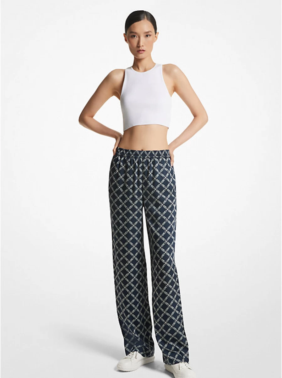 Michael Kors Women's Satin Pajama Pants with Empire Logo Print - Luxurious Sleepwear