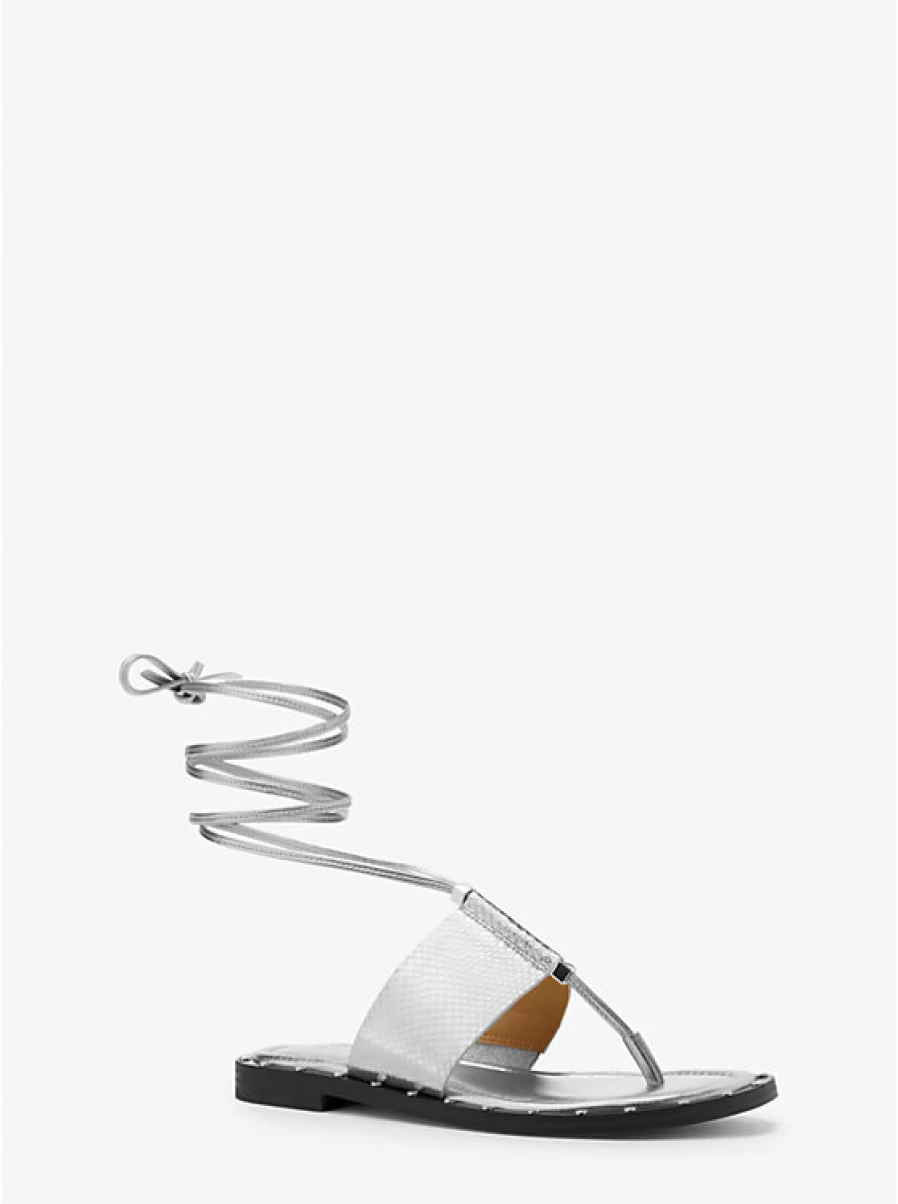 Michael Kors Women's Jagger Embroidered Leather Sandals with Metallic Snake Pattern and Lace Detail