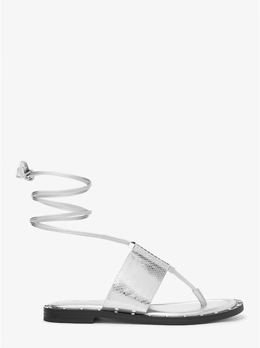 Michael Kors Women's Jagger Embroidered Leather Sandals with Metallic Snake Pattern and Lace Detail