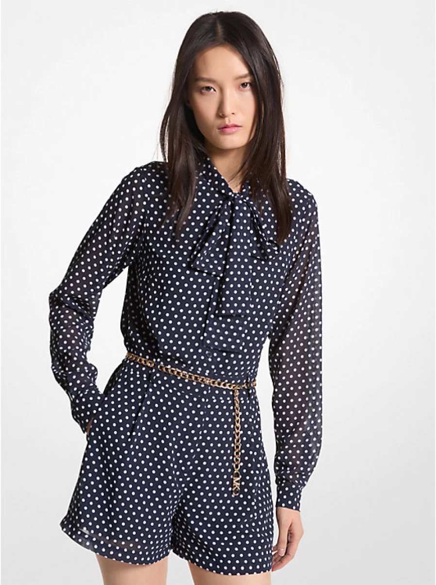 Michael Kors Women's Polka Dot Georgette Romper with Belt and Tie-Neck Detail