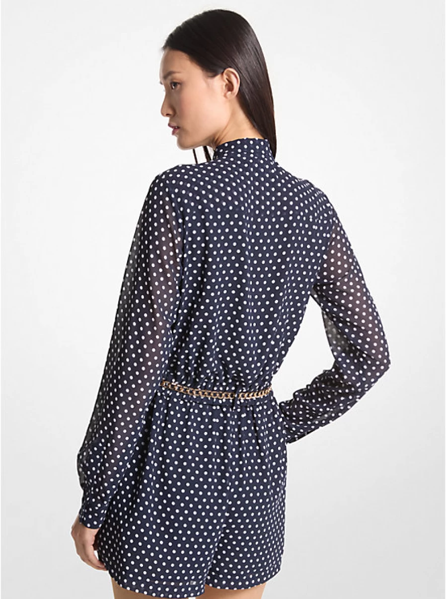 Michael Kors Women's Polka Dot Georgette Romper with Belt and Tie-Neck Detail