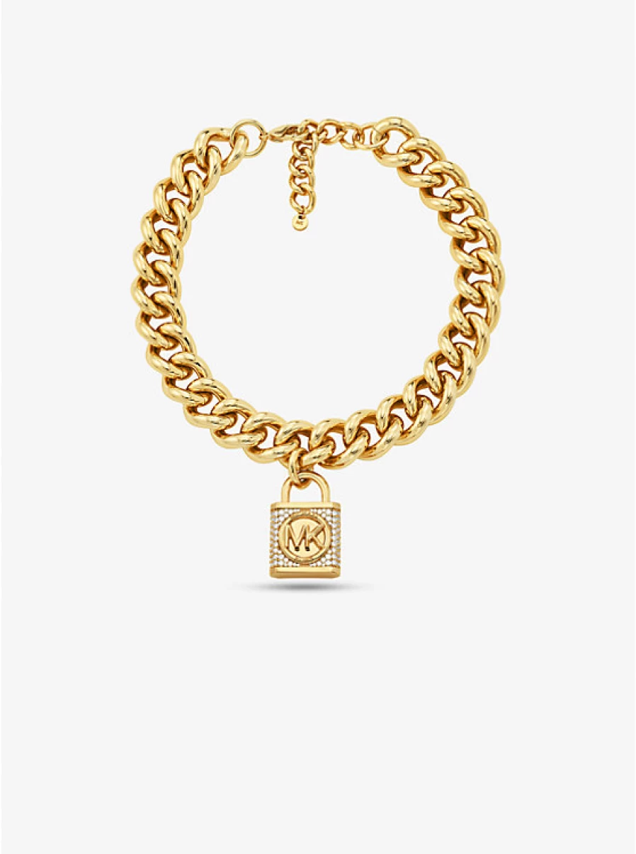 Michael Kors Women's Brass Curb Chain Necklace with Plated Padlock Charm