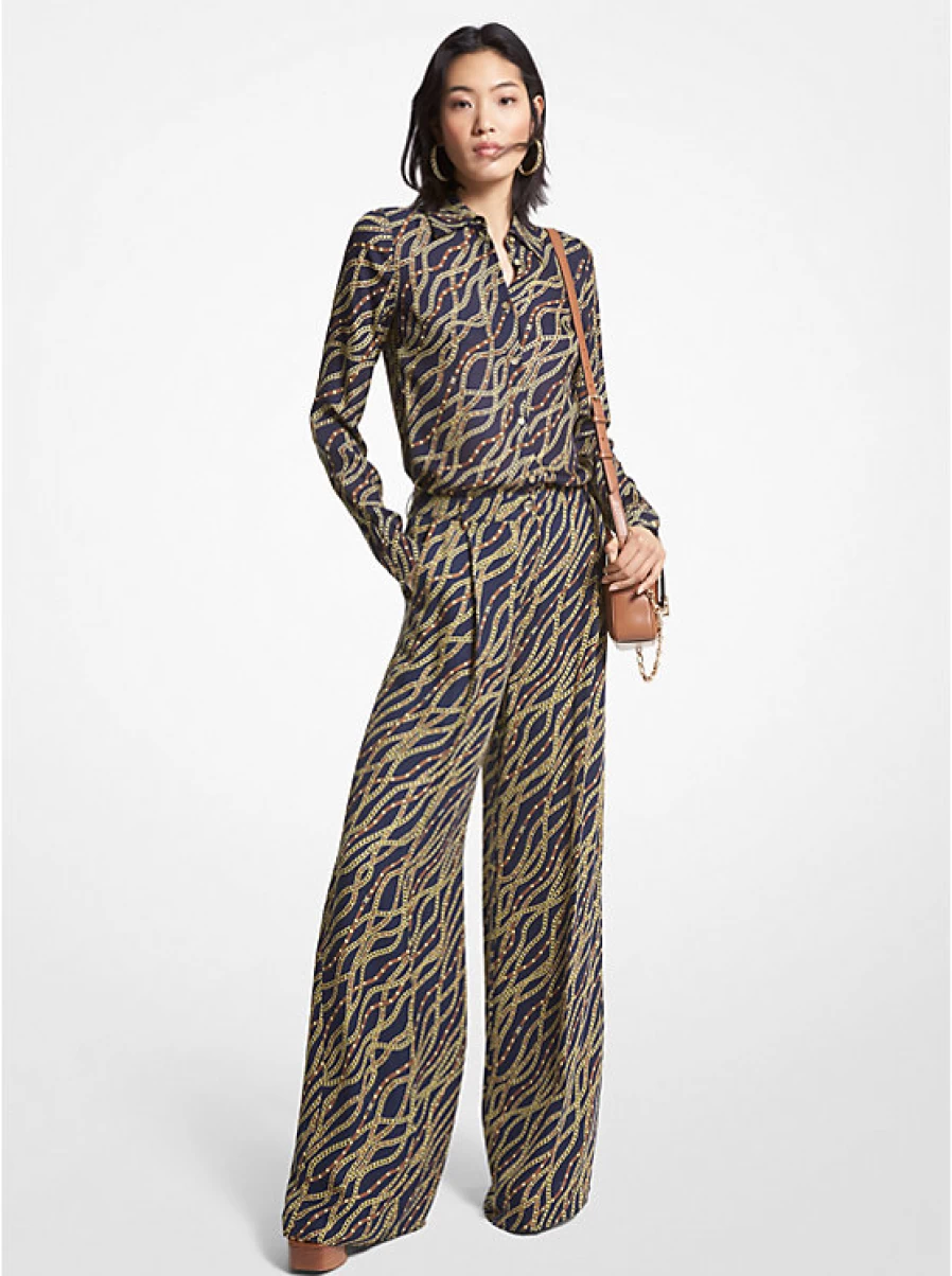 Michael Kors Women's Printed Georgette Crepe Flared Pants with Chain Detail