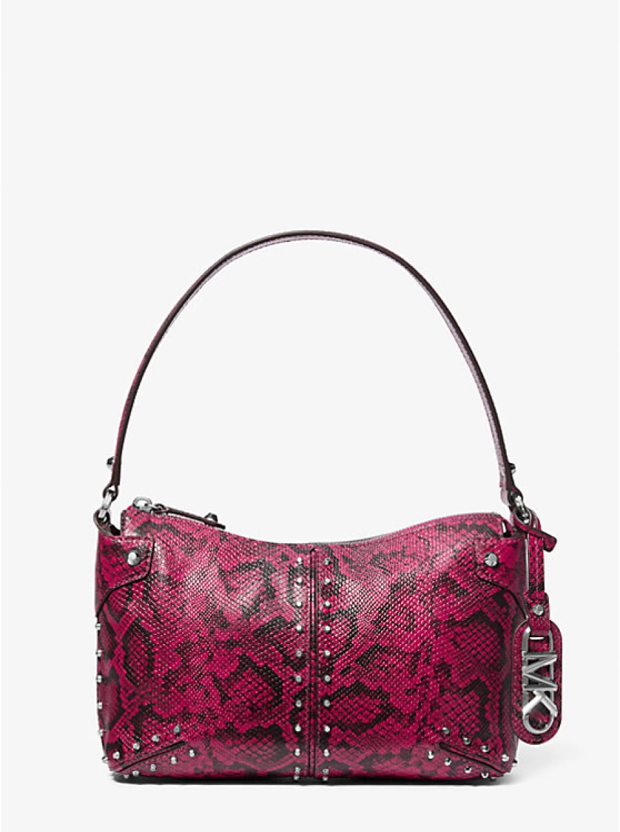 Michael Kors Women's Large Astor Leather Backpack with Embossed Snake Pattern and Studded Shoulder Strap