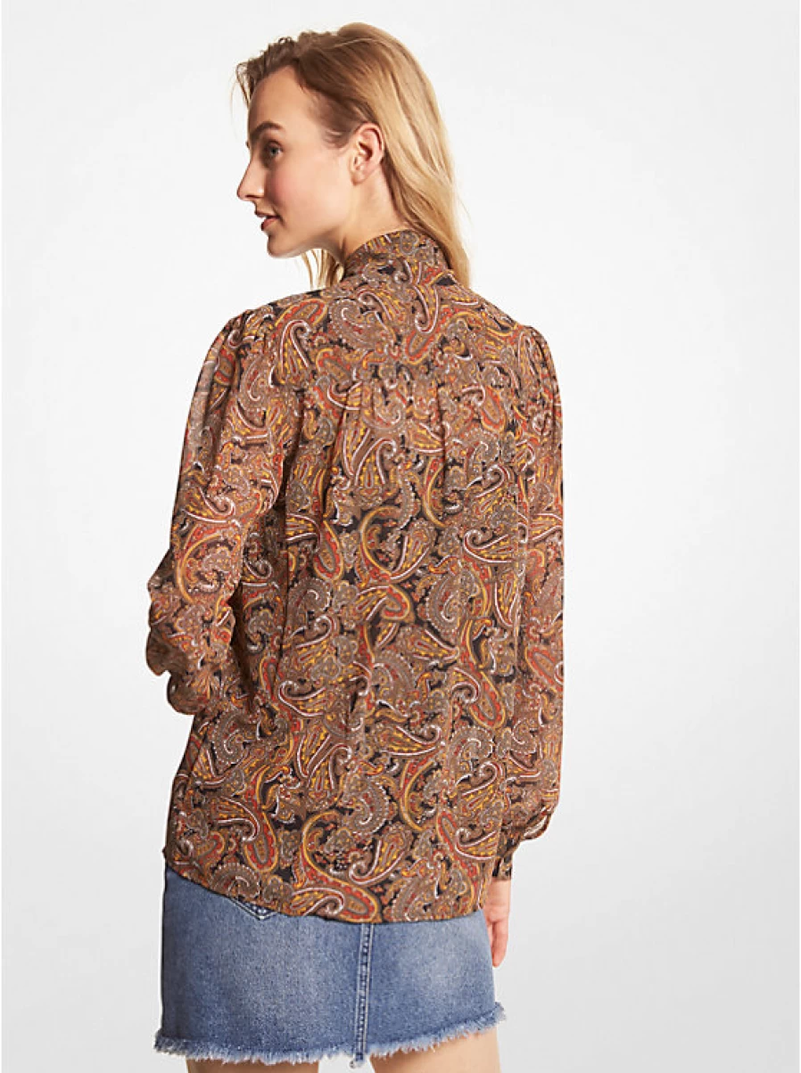 Michael Kors Women's Floral Print Georgette Crepe Blouse with Paisley Pattern and Tie Neck