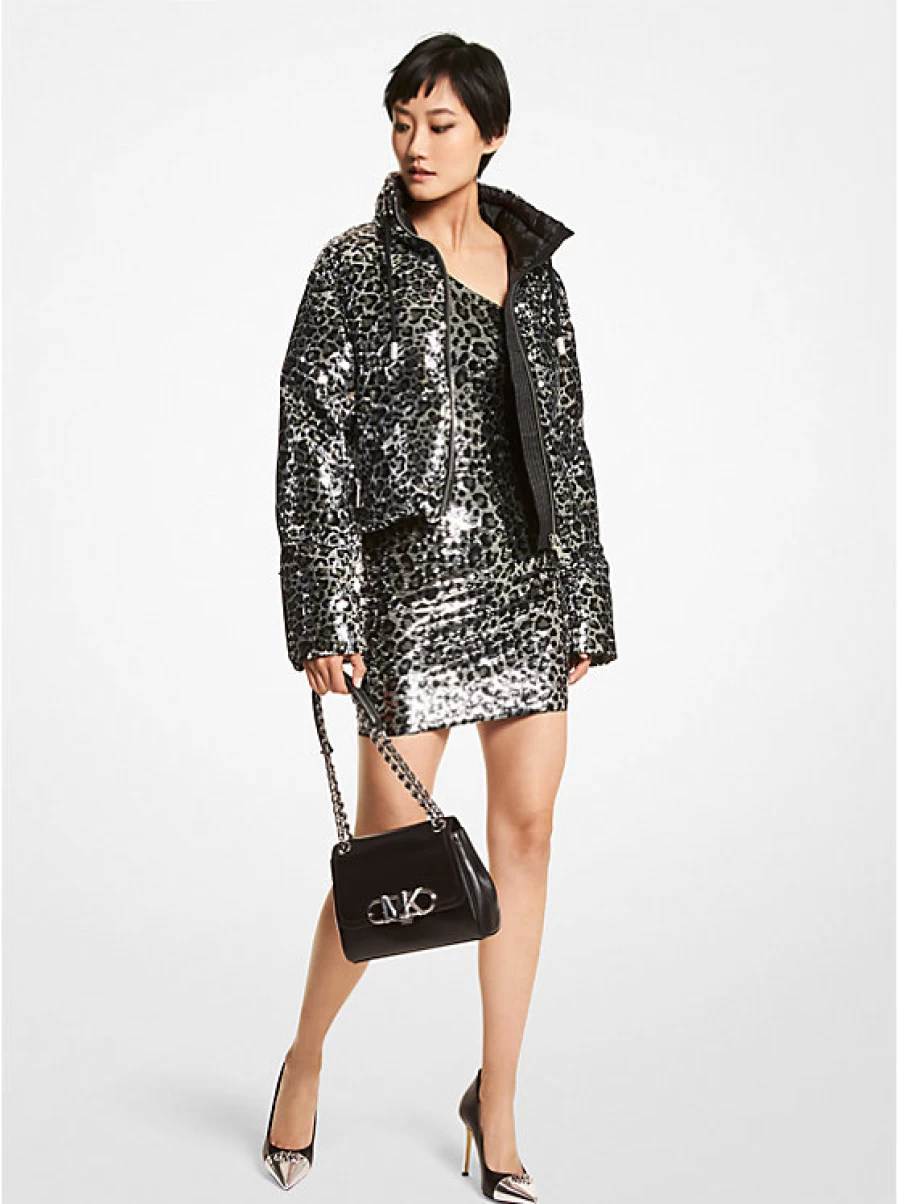Michael Kors Women's Leopard Print Quilted Hooded Jacket with Glitter Details