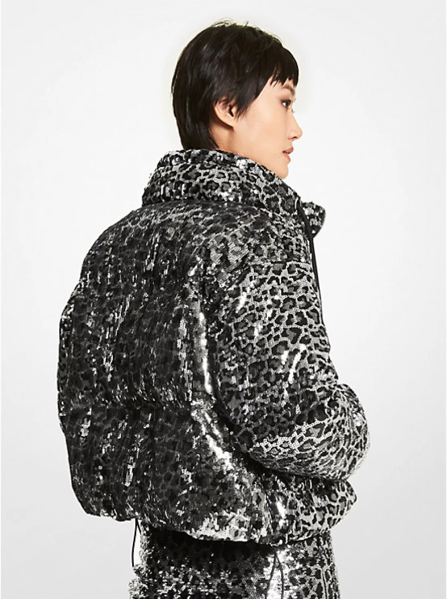 Michael Kors Women's Leopard Print Quilted Hooded Jacket with Glitter Details