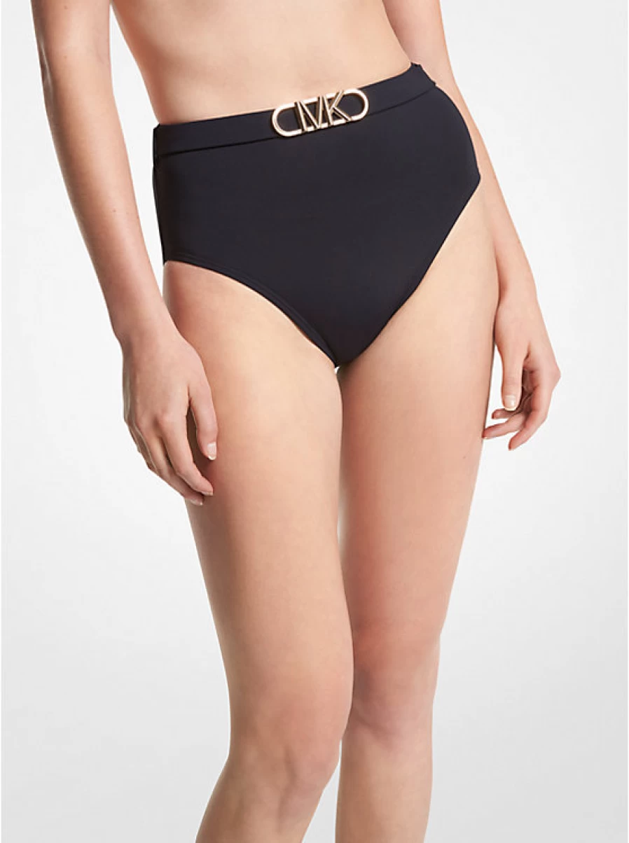Michael Kors High Waisted Bikini Bottoms with Zipper Belt - Stretchy Nylon Swimwear for Women