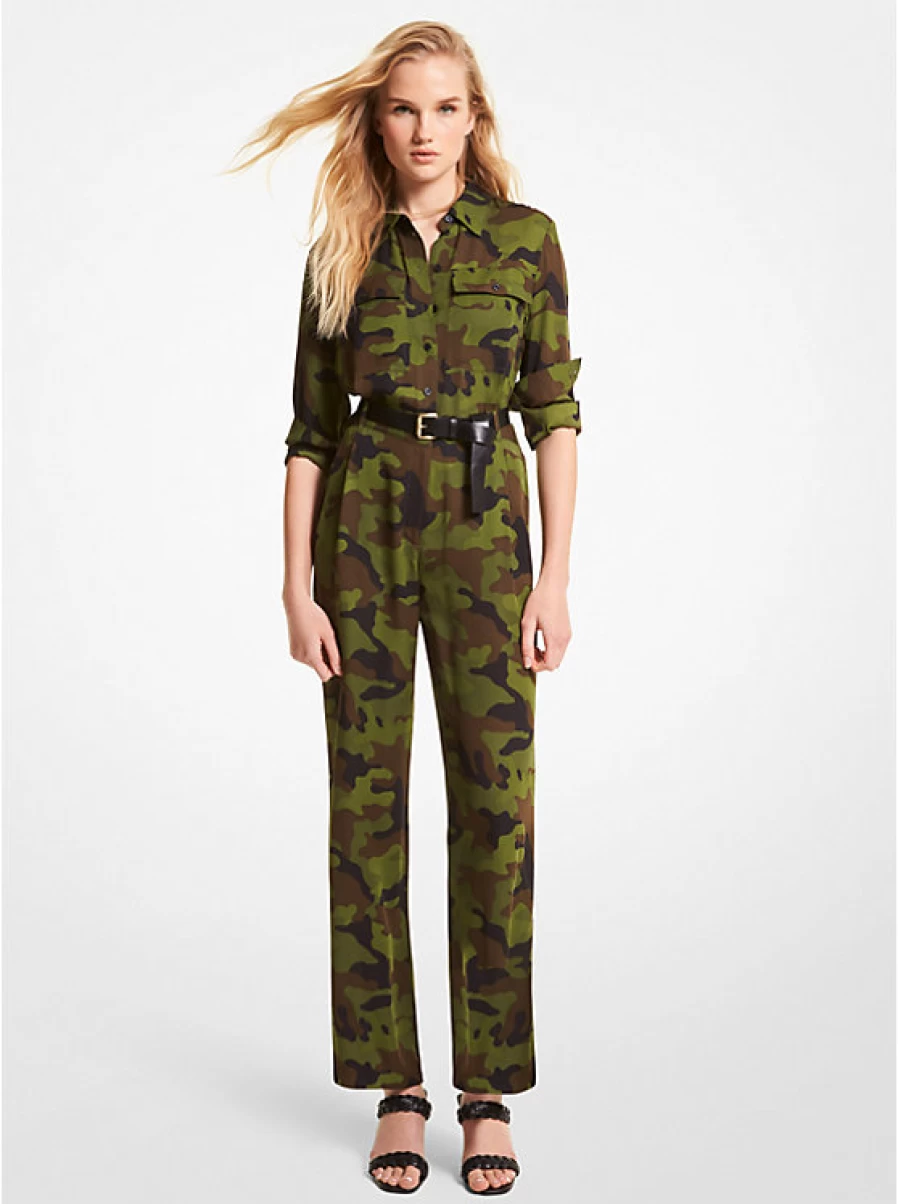 Michael Kors Women's Camouflage Print Long-Sleeve Silk Georgette Jumpsuit