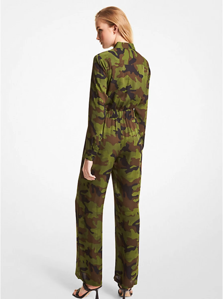 Michael Kors Women's Camouflage Print Long-Sleeve Silk Georgette Jumpsuit