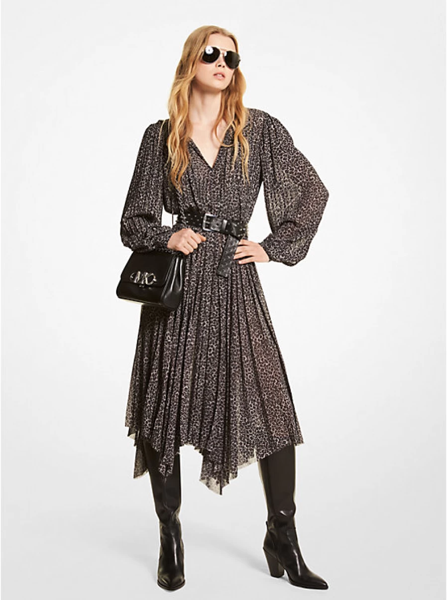 Michael Kors Women's Leopard Print Pleated Georgette Crepe Dress