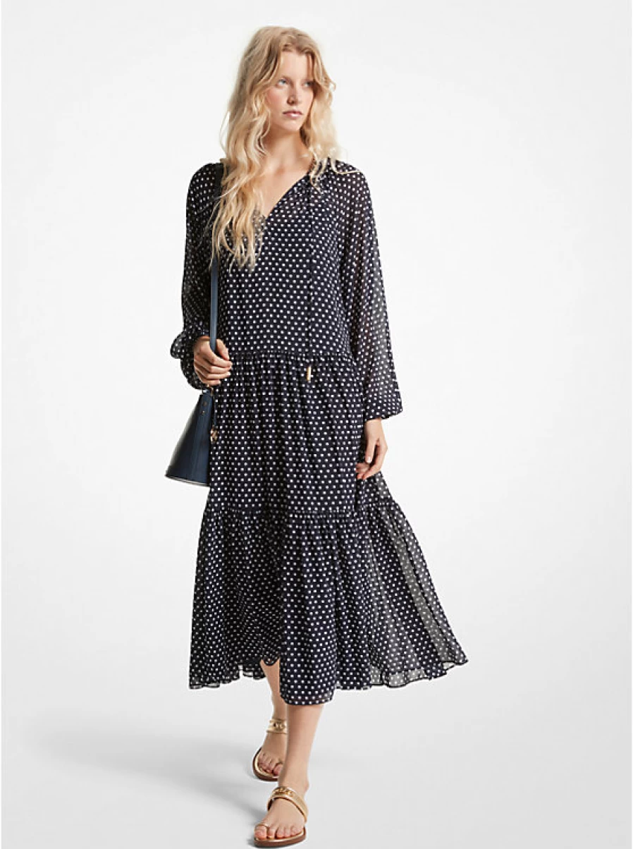 Michael Kors Women's Mid-Length Georgette Crepe Dress with Lace Detailing, Peas and Ruffles