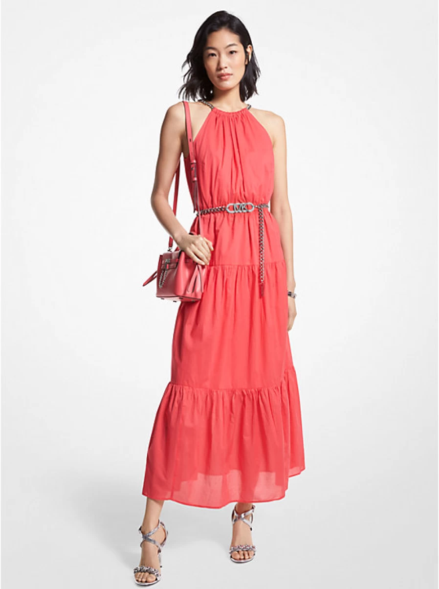 Michael Kors Women's Mid-Length Backless Cotton Lawn Dress with Chain Detail