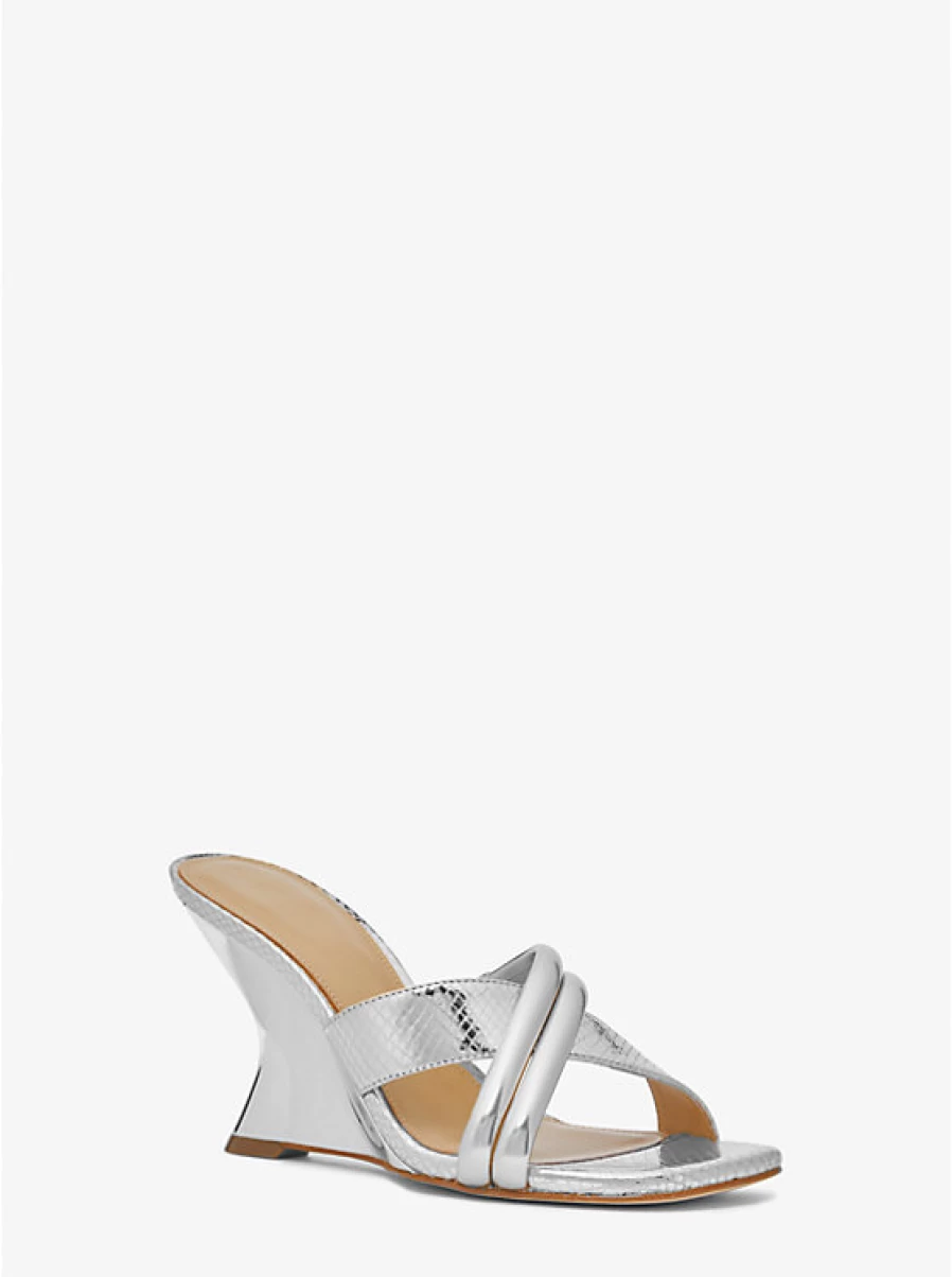 Michael Kors Women's Nadina Mule Leather Shoes with Metallic Snake Embossed Pattern