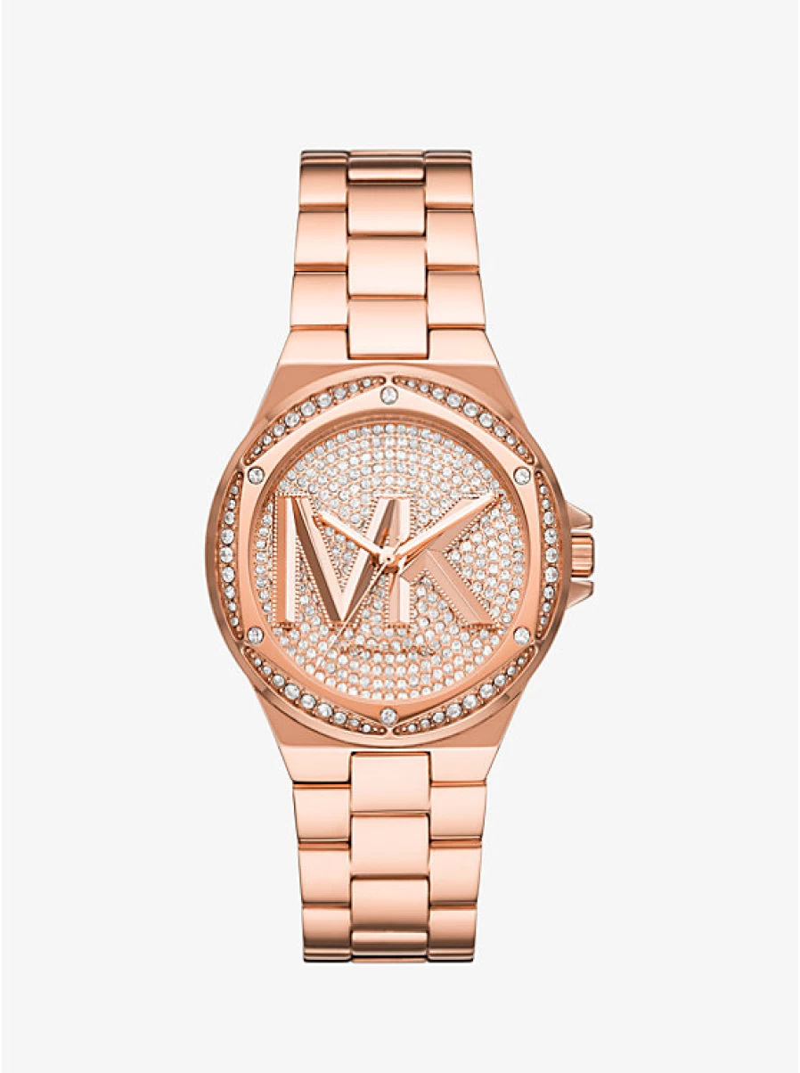 Michael Kors Women's Lennox Rose Gold-Tone Watch with Logo and Pavé Stone Accents