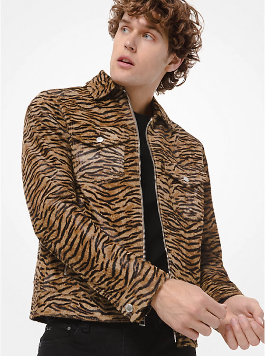 Michael Kors Men's Calf Hair Trucker Jacket with Tiger Print - Luxurious Animal Print Designer Jacket for Men