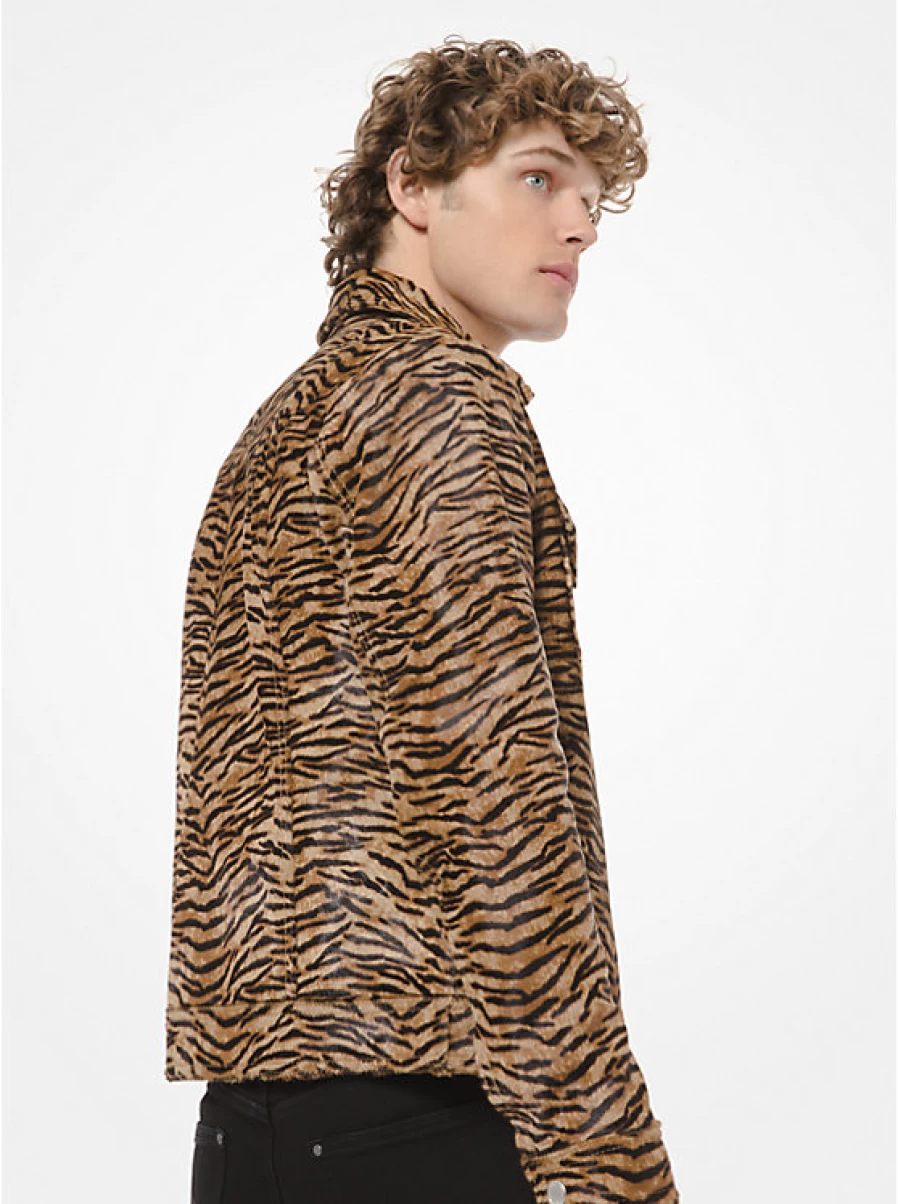 Michael Kors Men's Calf Hair Trucker Jacket with Tiger Print - Luxurious Animal Print Designer Jacket for Men