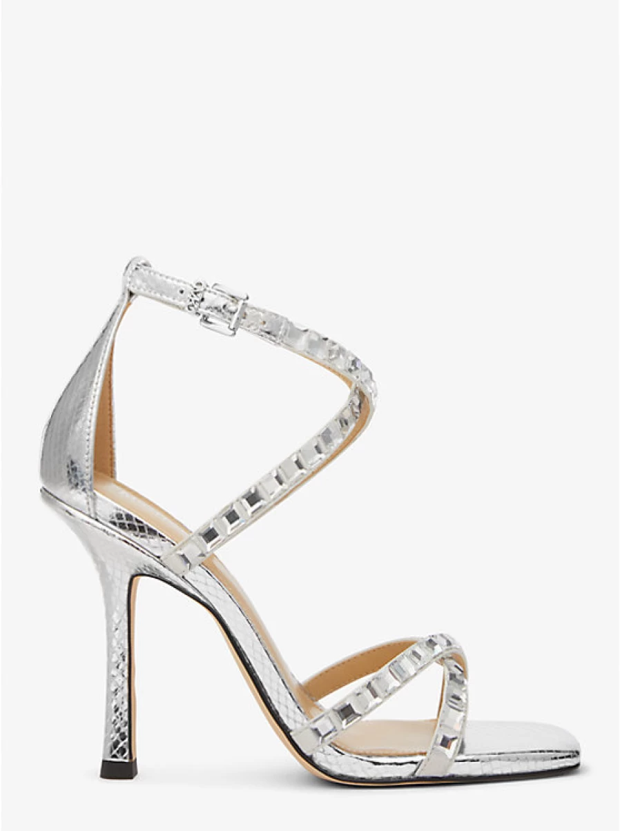 Michael Kors Women's Celia Metallic Sandals with Snake Embossed Pattern and Crystal Accents