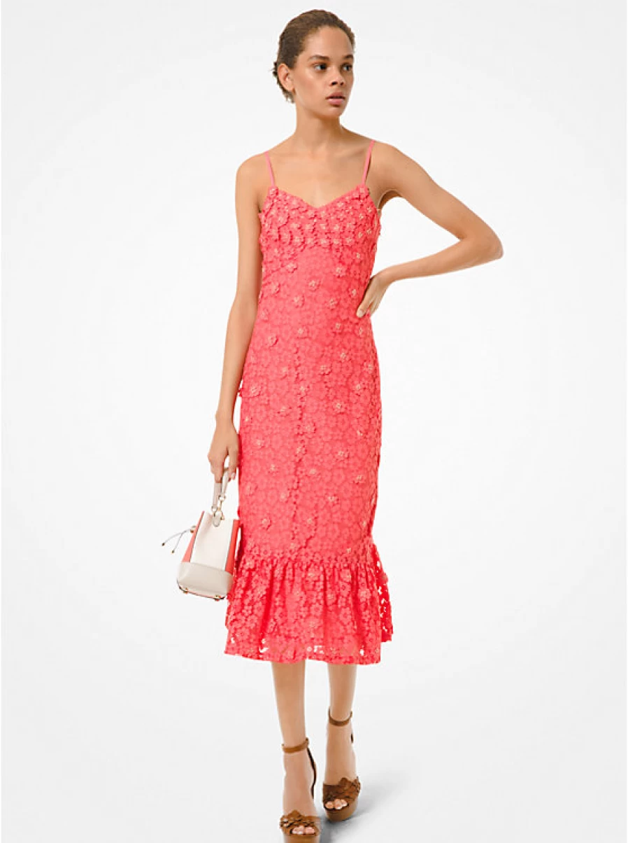 Michael Kors Women's Lace Drawstring Dress with Ruffled Hem Ornamentation