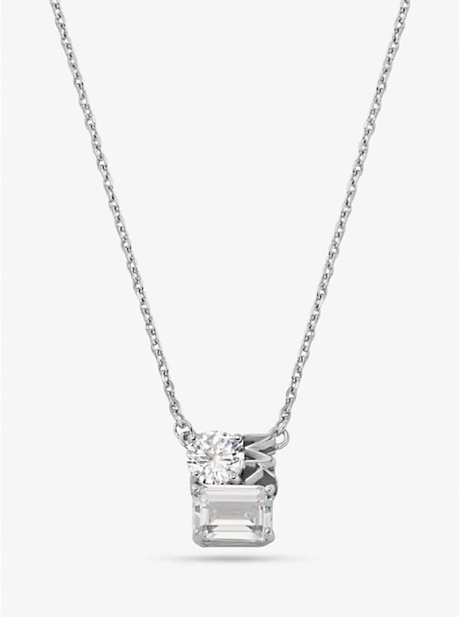 Michael Kors Women's Sterling Silver Necklace with Precious Metal Plating, Logo Detail & Paving Stones